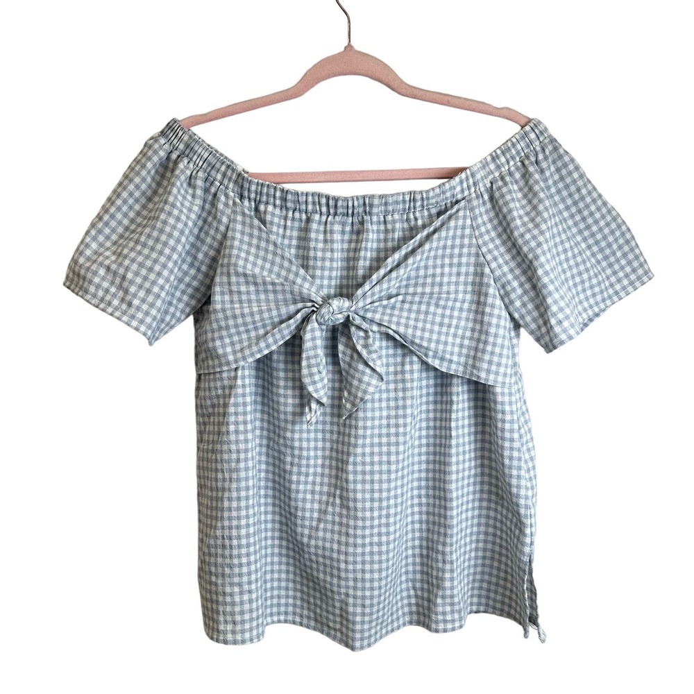 Doe & Rae Off the Shoulder Blouse Women's M‎ Blue Plaid Gingham Spring Cotton